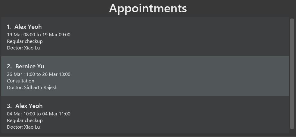 List all appointments